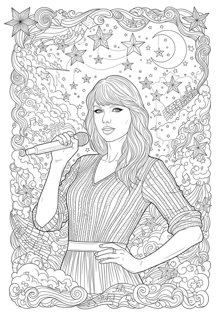 Desenho da Taylor Swift segurando microfone para colorir