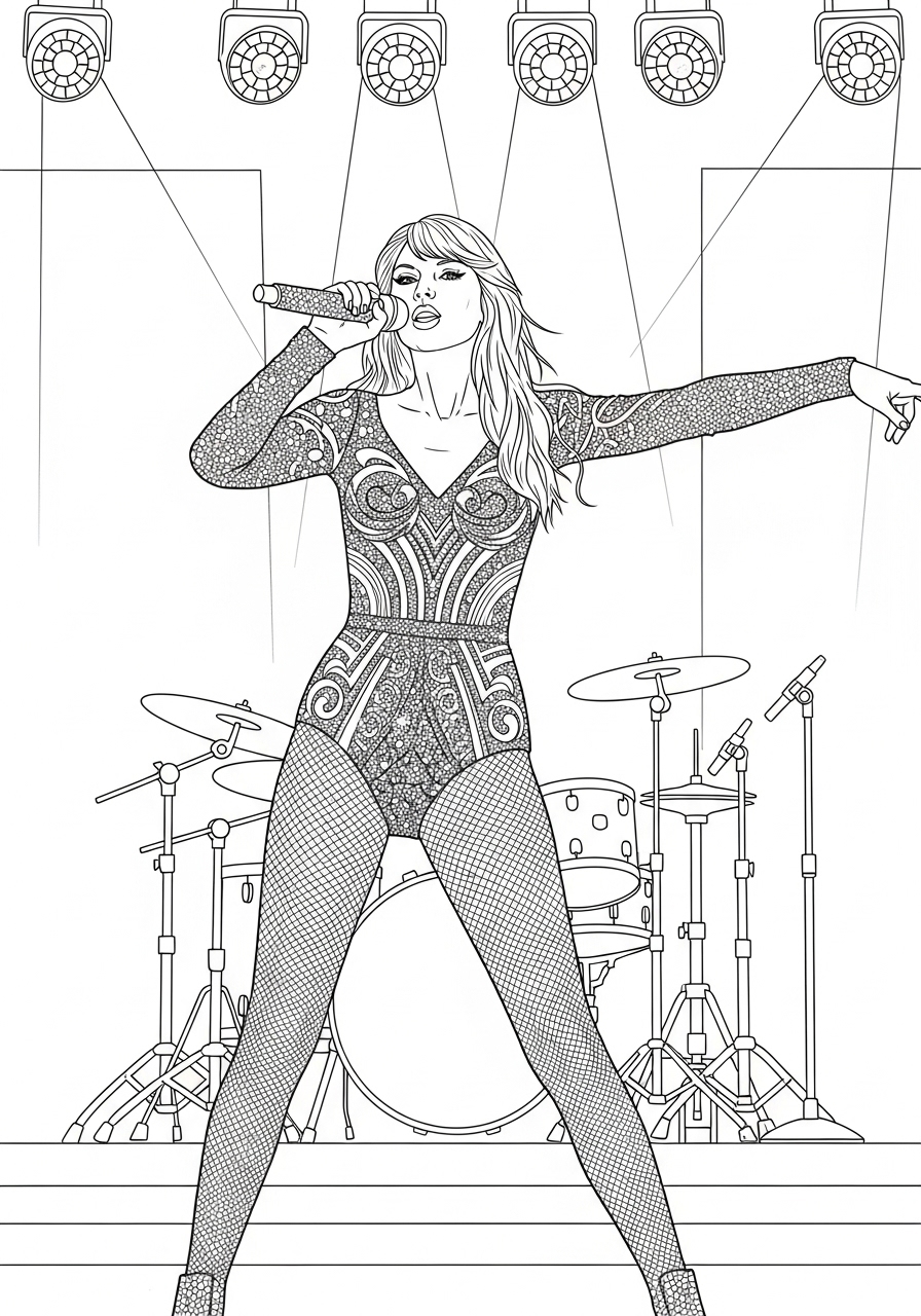 Desenho da Taylor Swift em show com microfone para colorir