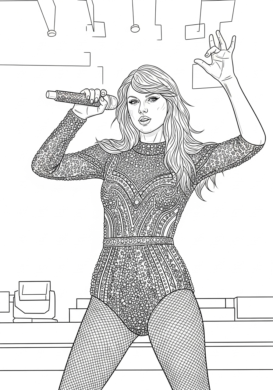 Desenho da Taylor Swift se apresentando com microfone para colorir
