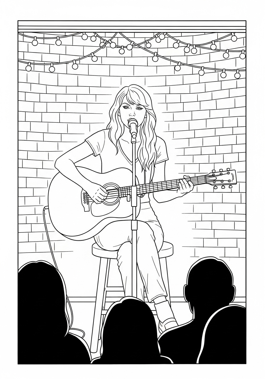 Desenho da Taylor Swift cantando ao violão em um palco