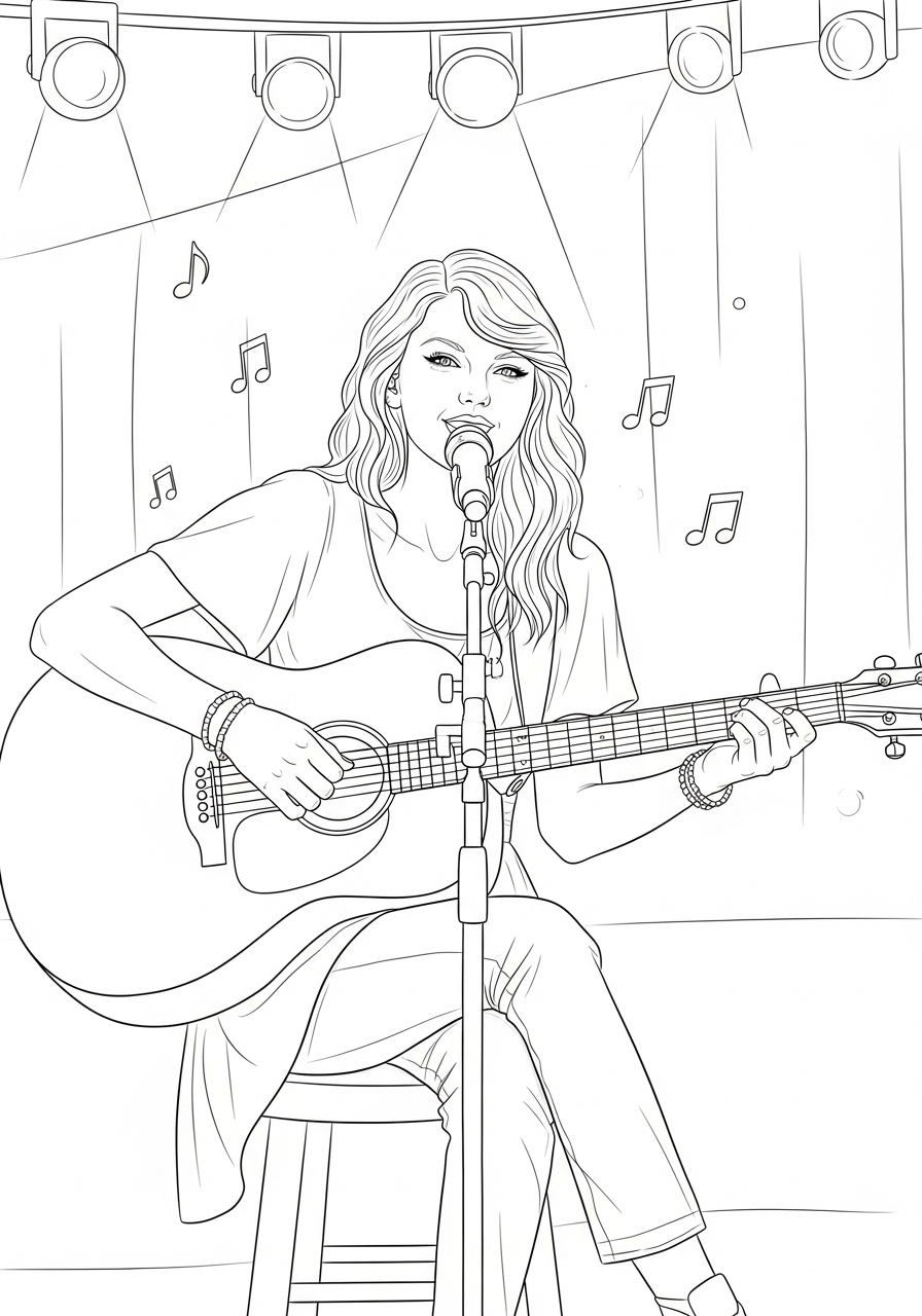 Desenho da Taylor Swift cantando ao violão para colorir
