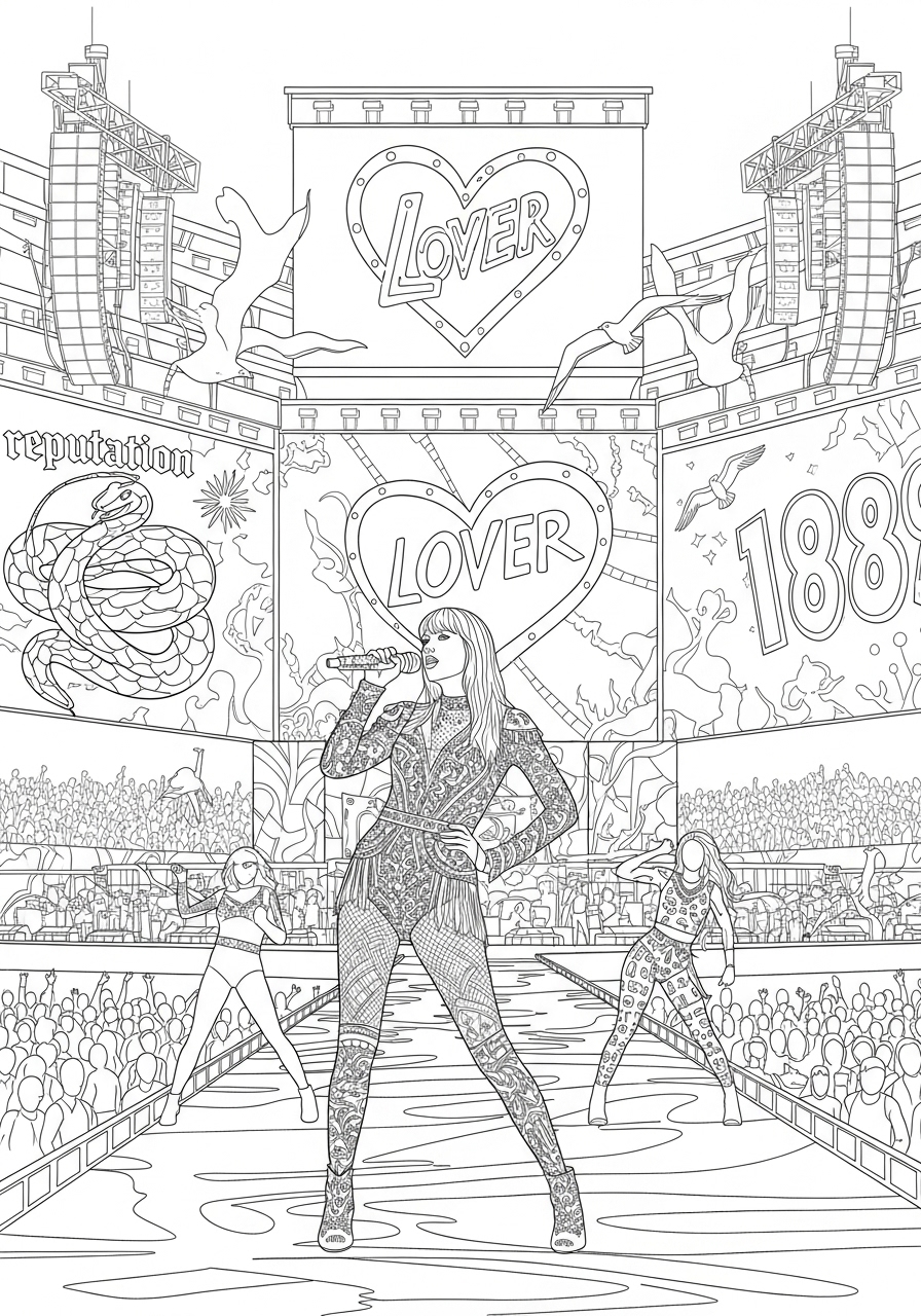 Desenho da Taylor Swift em Show com palco e plateia para colorir