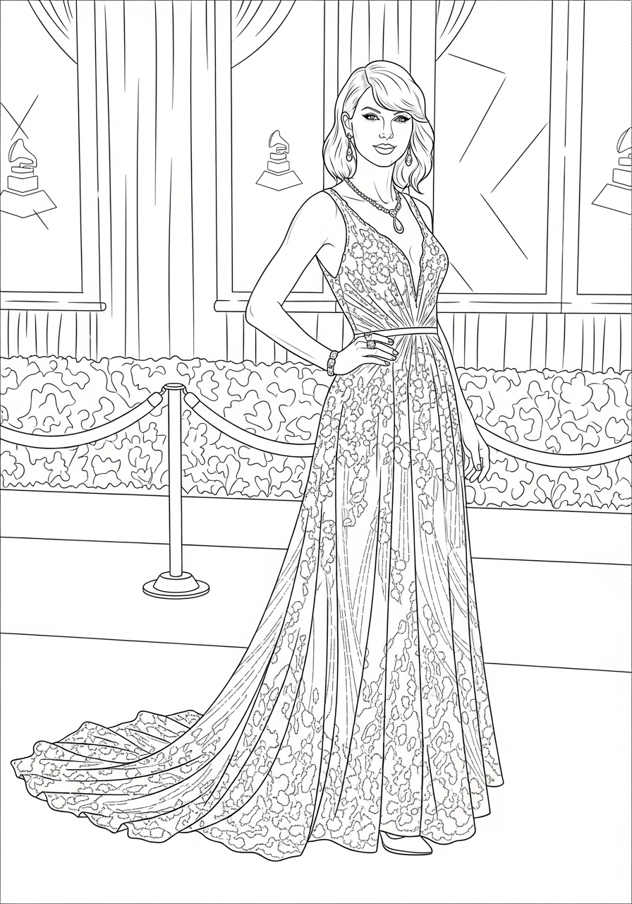 Desenho da Taylor Swift em vestido longo para colorir