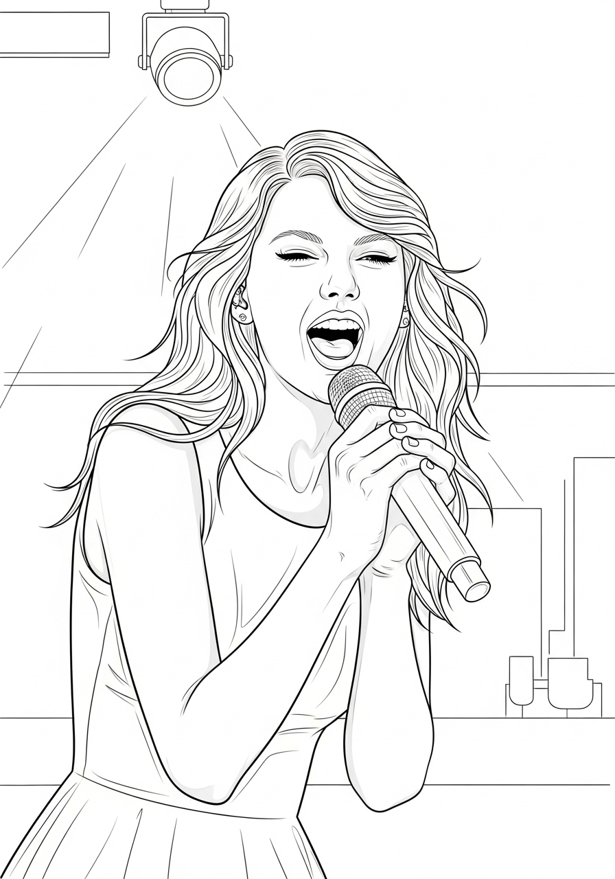 Desenho da Taylor Swift cantando com microfone para colorir