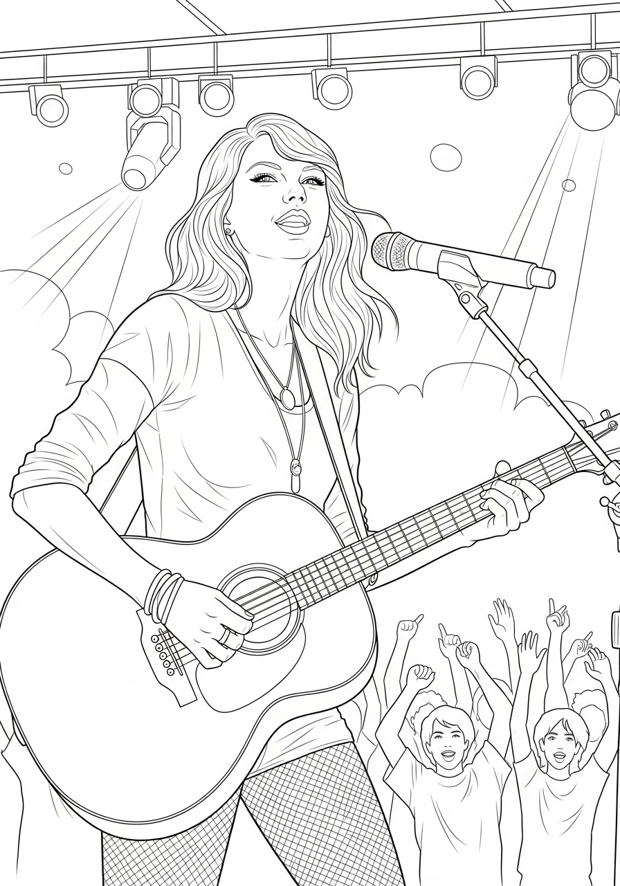 Desenho da Taylor Swift cantando em show com violão para colorir