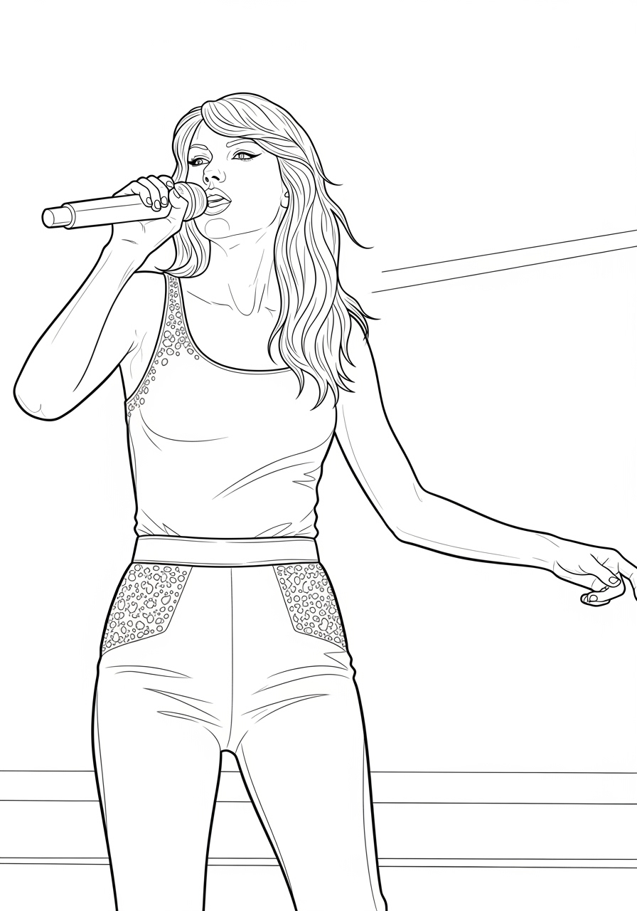 Desenho da Taylor Swift cantando com microfone para colorir
