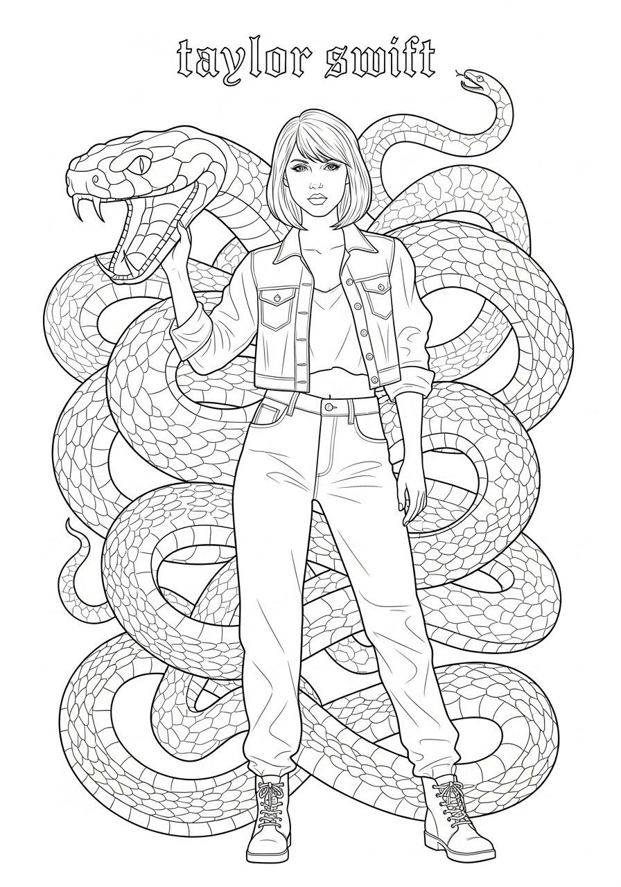 Desenho da Taylor Swift segurando uma cobra para colorir