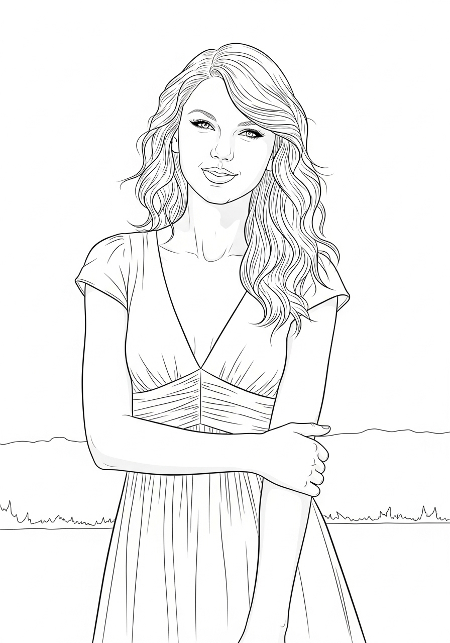 Desenho da Taylor Swift com vestido longo para colorir