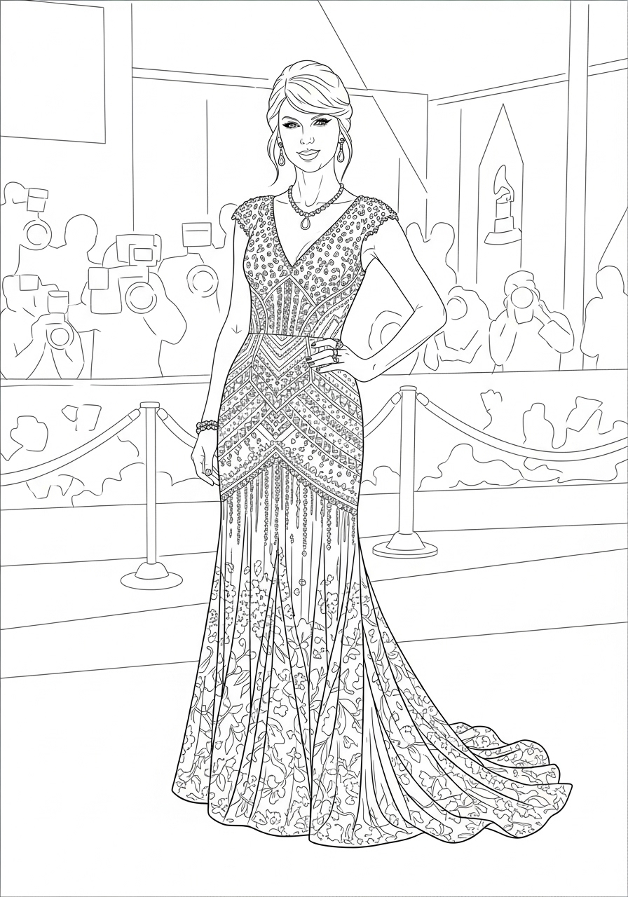 Desenho da Taylor Swift com vestido de gala para colorir