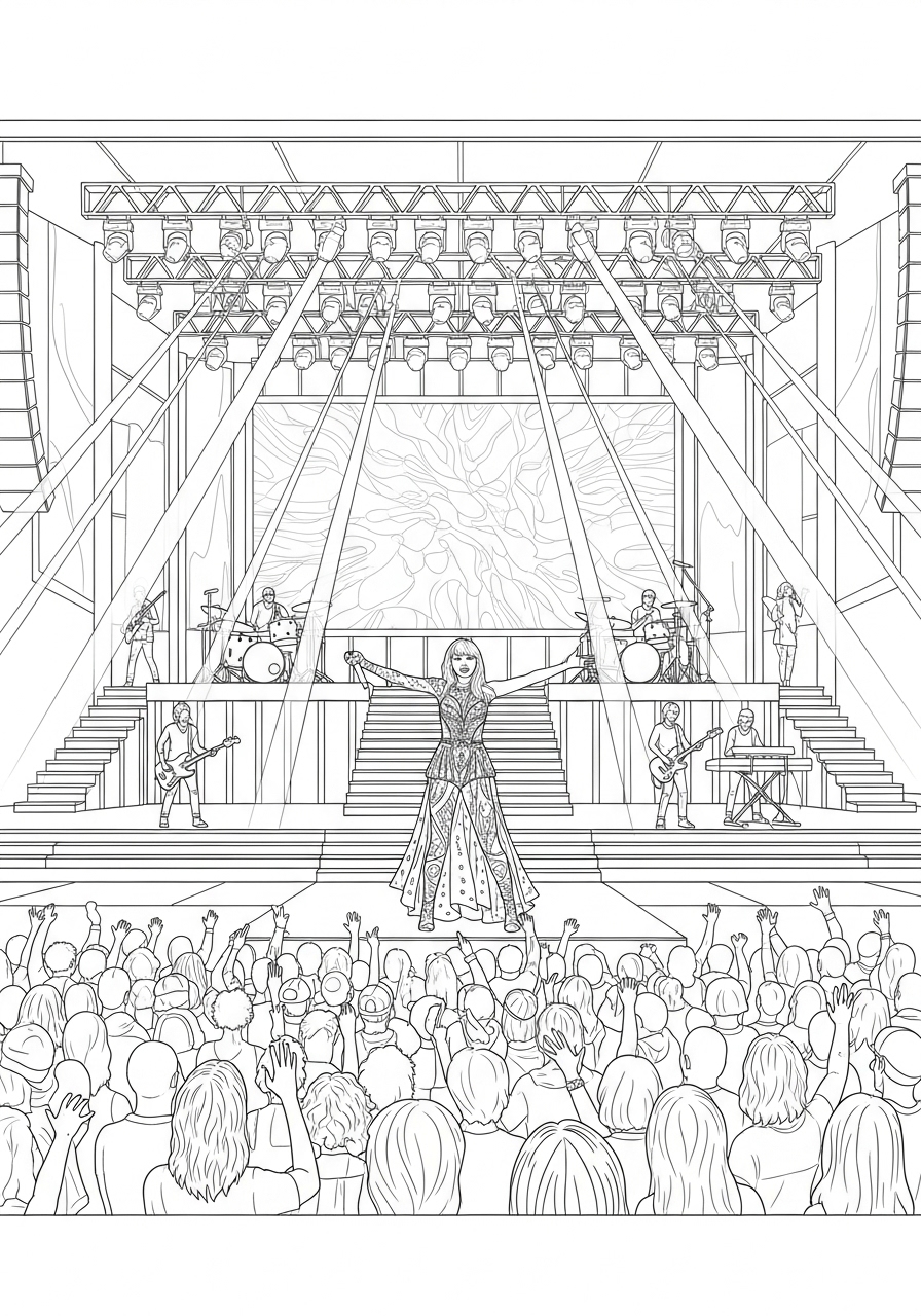 Desenho da Taylor Swift no palco com a plateia para colorir