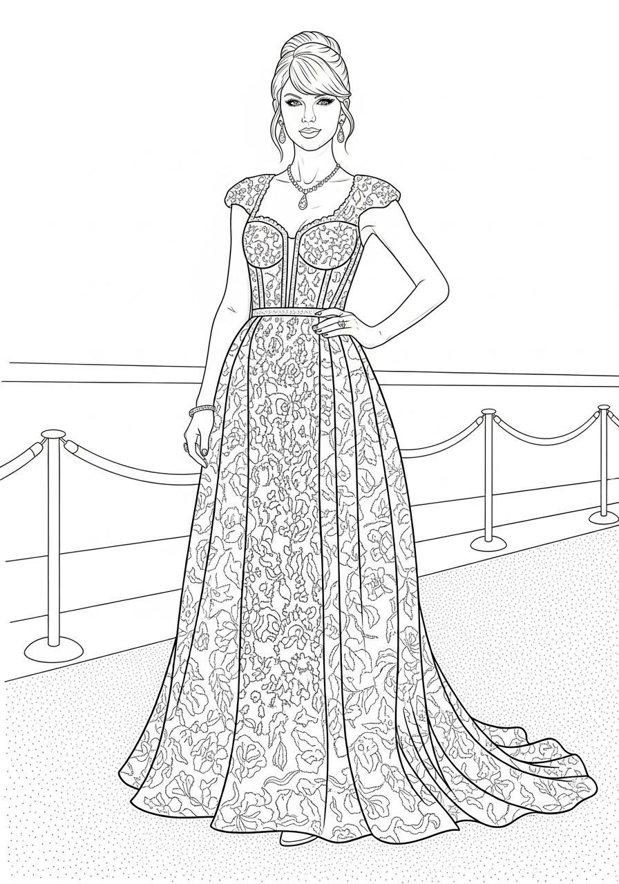 Desenho da Taylor Swift em vestido elegante para colorir