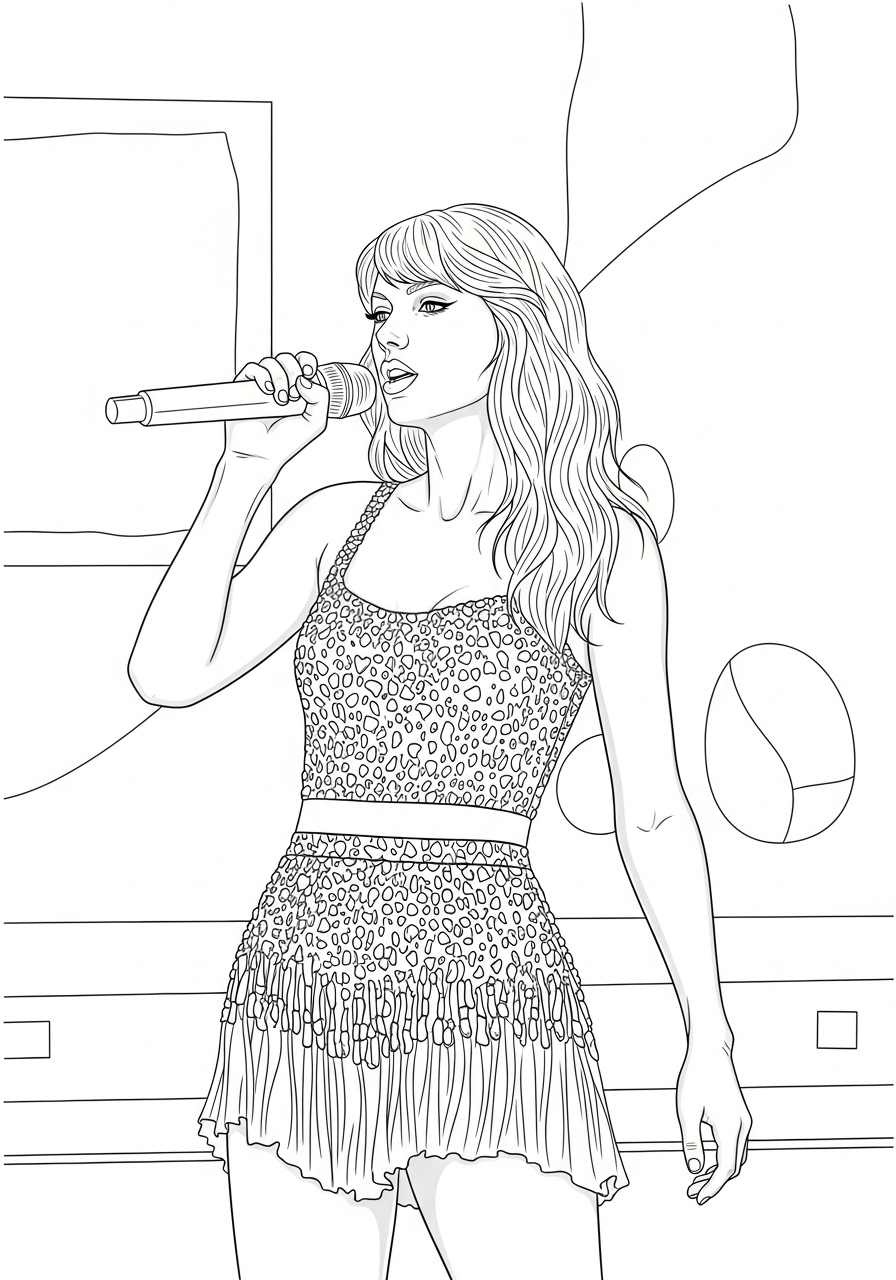 Desenho da Taylor Swift cantando com microfone para colorir