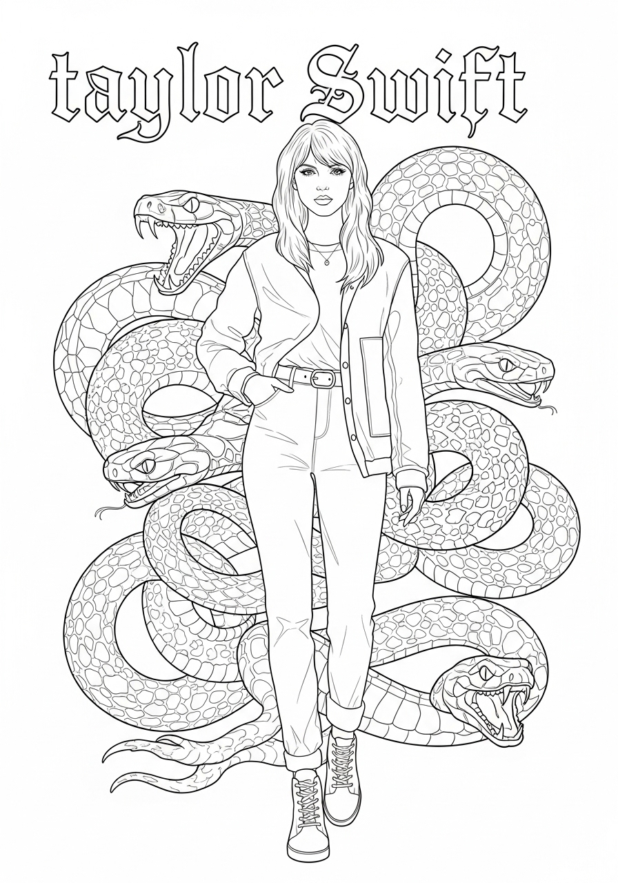 Desenho da Taylor Swift com cobras para colorir