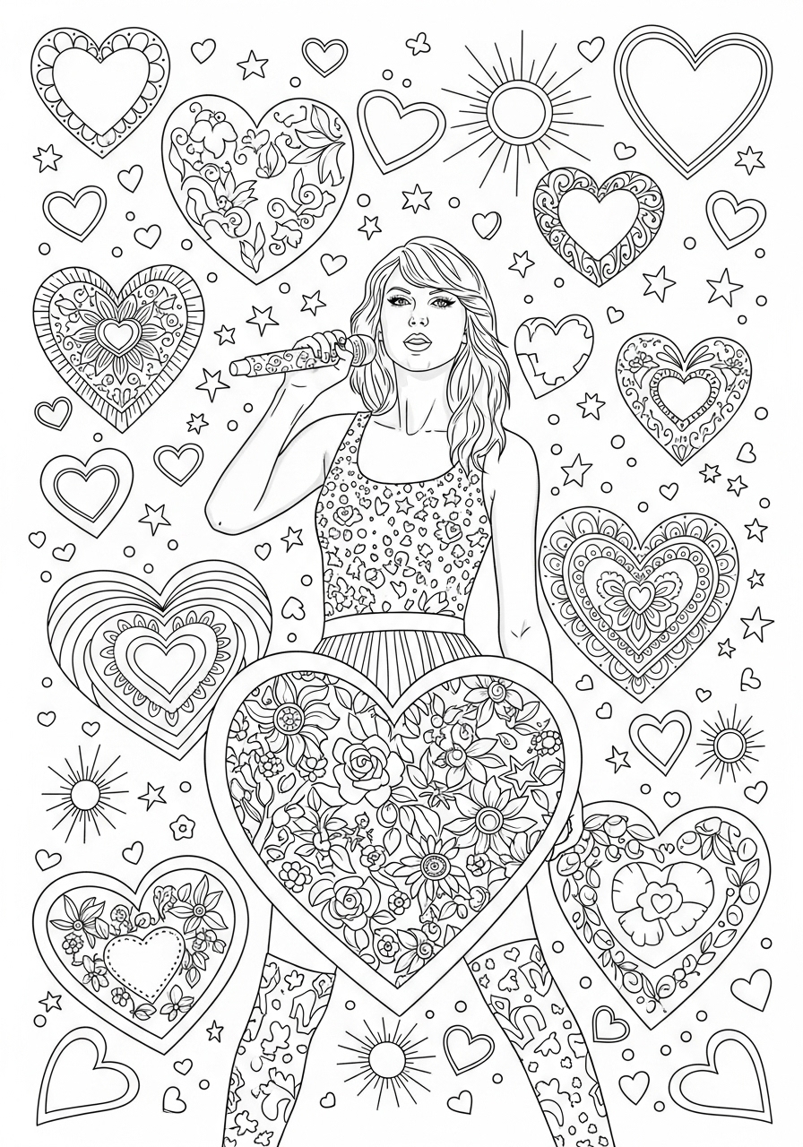 Desenho da Taylor Swift com corações e flores para colorir