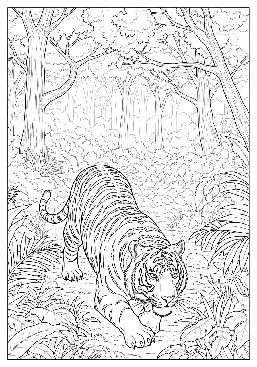 Desenho de Tigre andando na selva para colorir