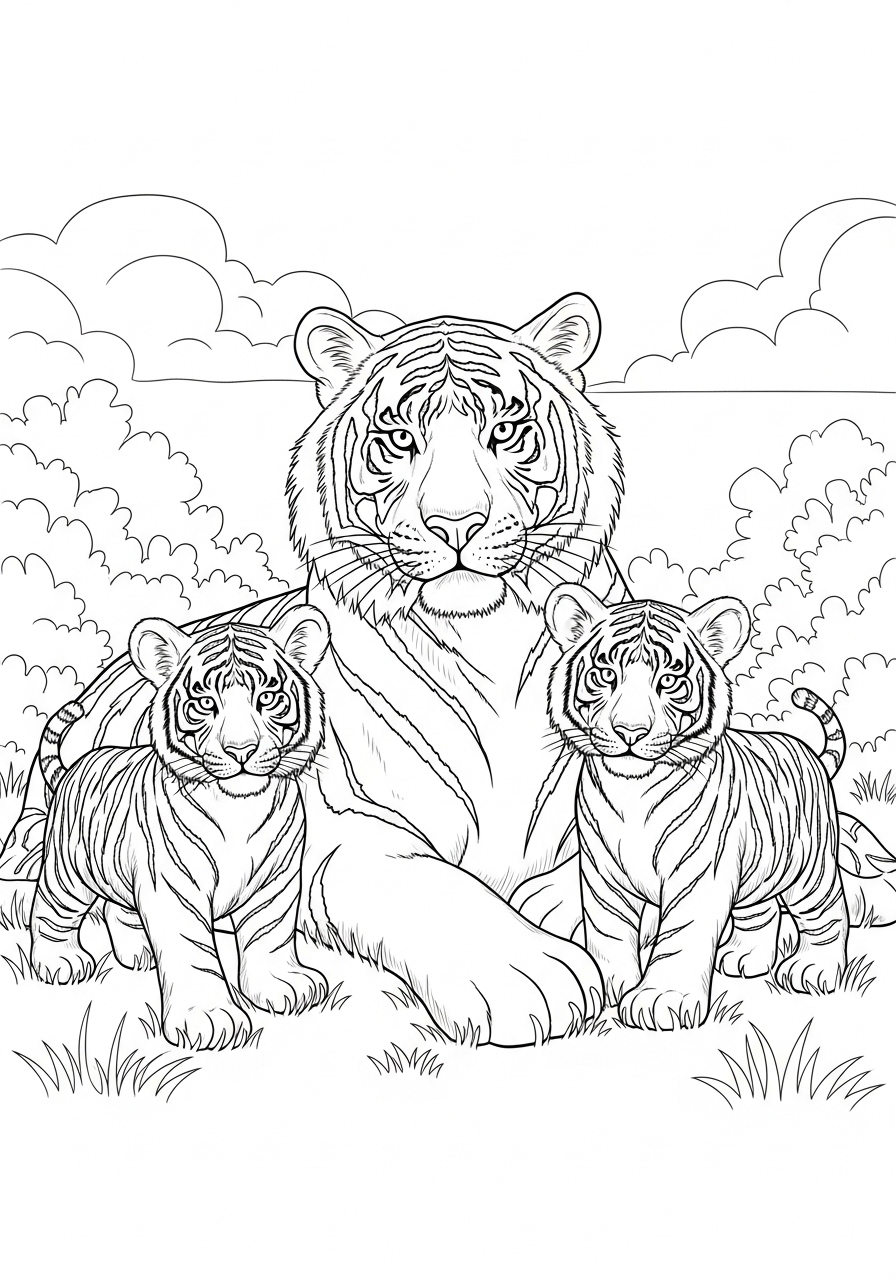Desenho de Tigre com filhotes para colorir