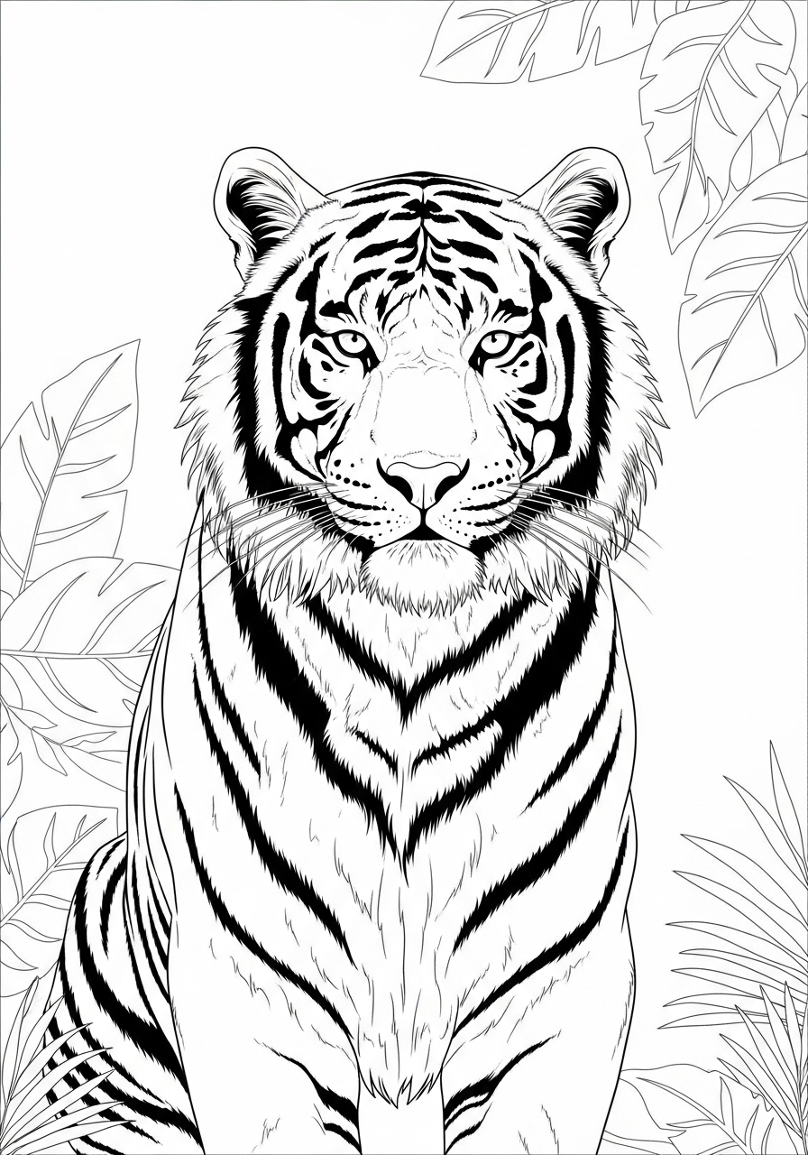 Desenho de Tigre realista com folhas para colorir