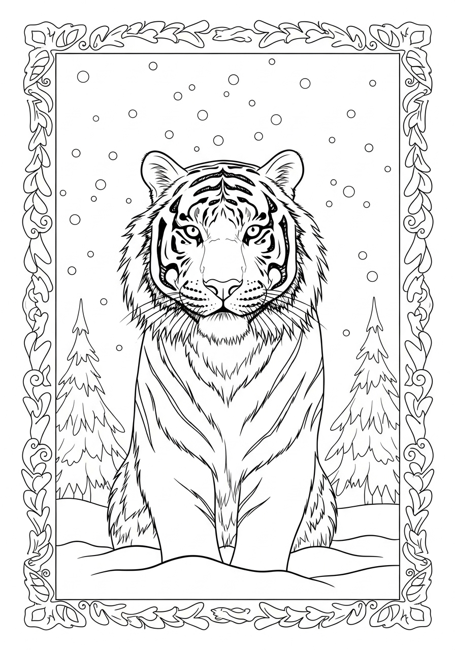 Desenho de Tigre sentado na neve para colorir