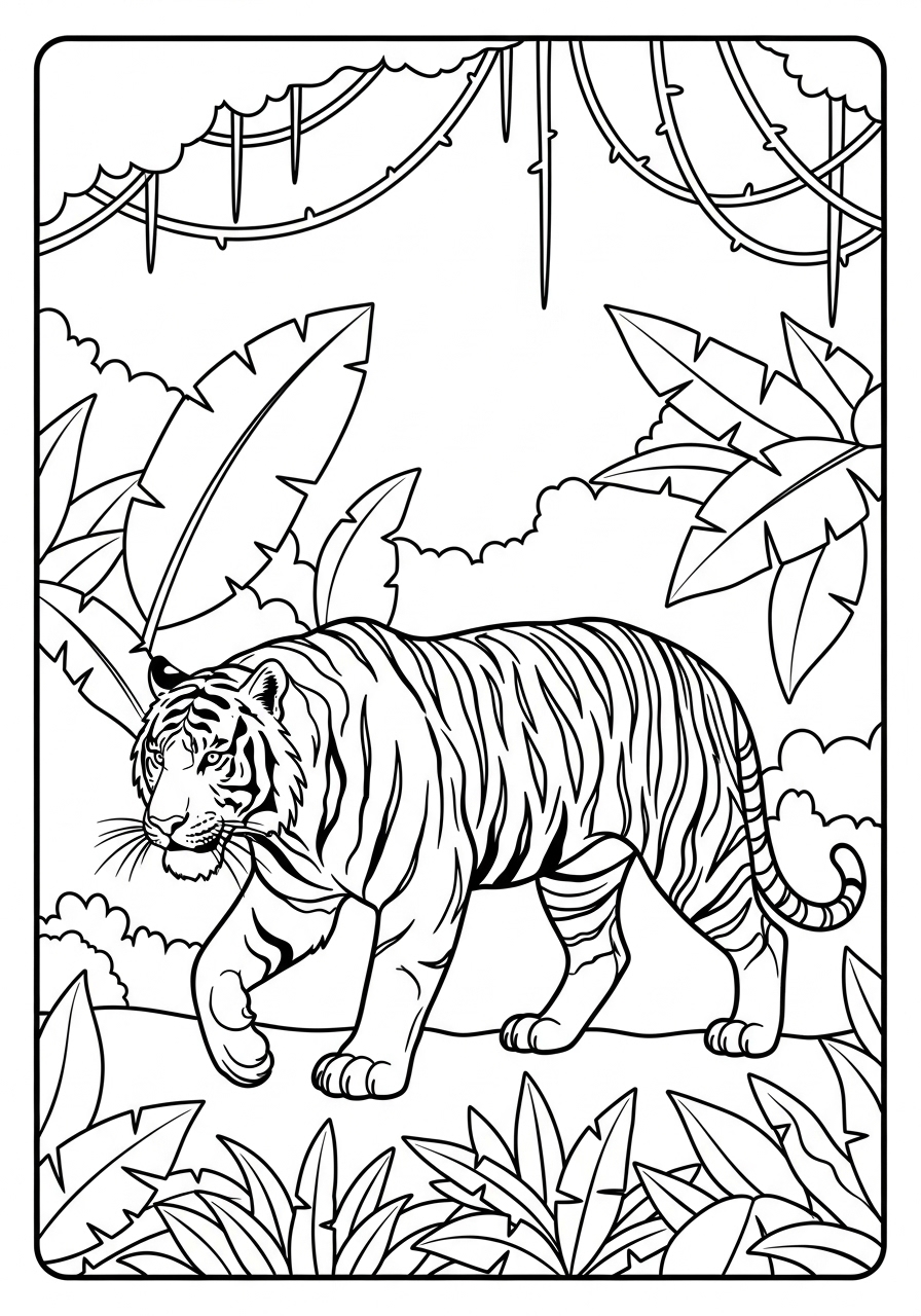 Desenho de Tigre realista na selva para colorir
