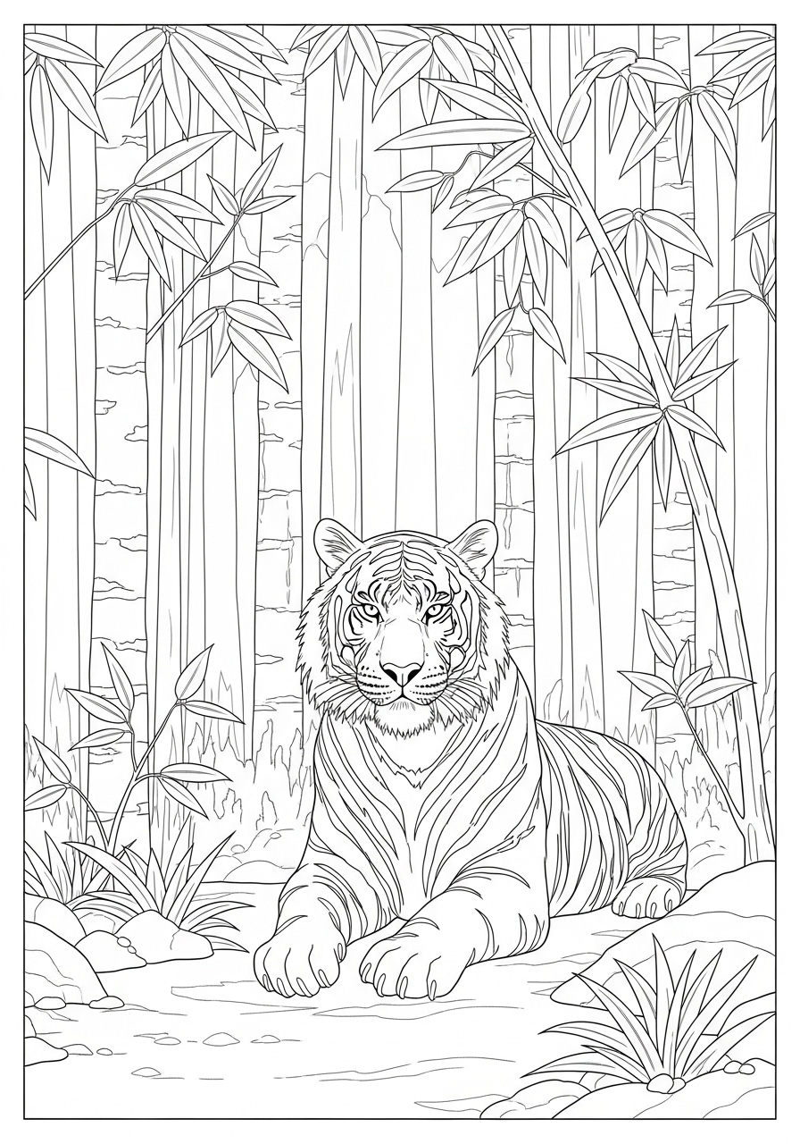 Desenho de Tigre realista na selva para colorir