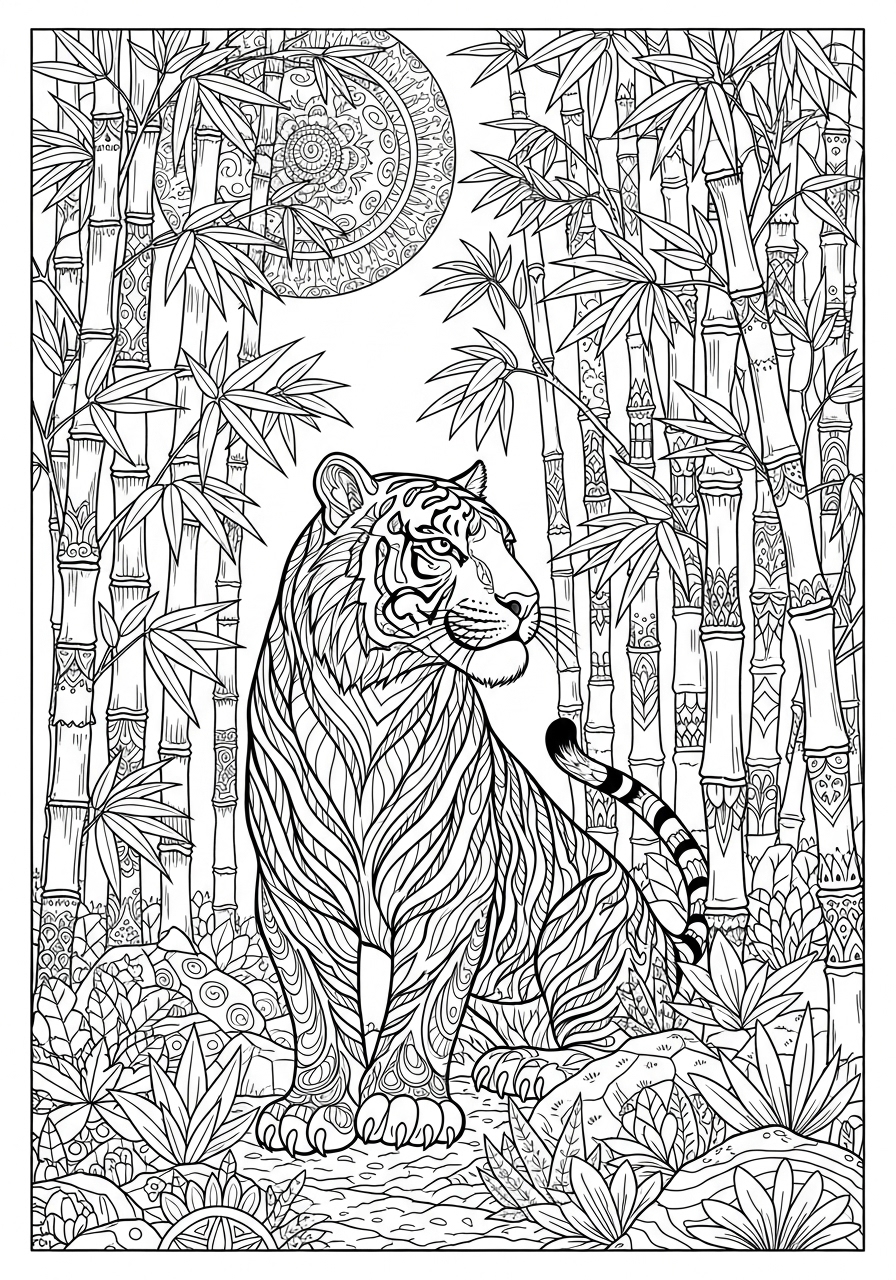 Desenho de Tigre realista entre bambus para colorir
