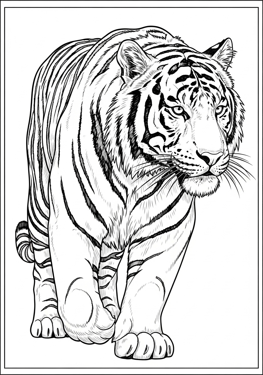 Desenho de Tigre realista andando para colorir