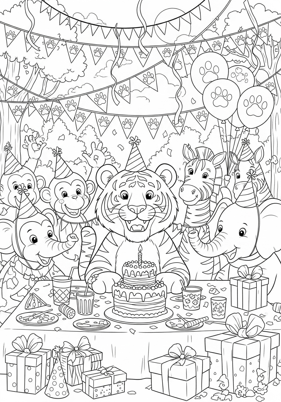 Desenho de Tigre em festa com animais para colorir