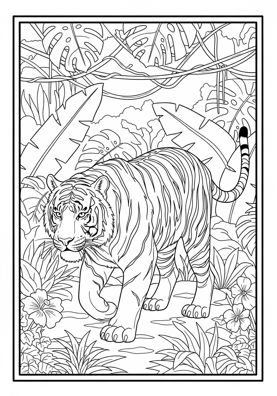 Desenho de Tigre realista em selva para colorir