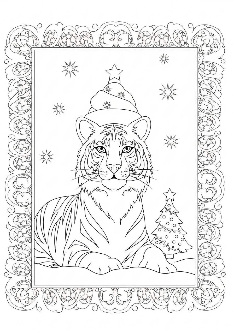 Desenho de Tigre com chapéu de Natal para colorir