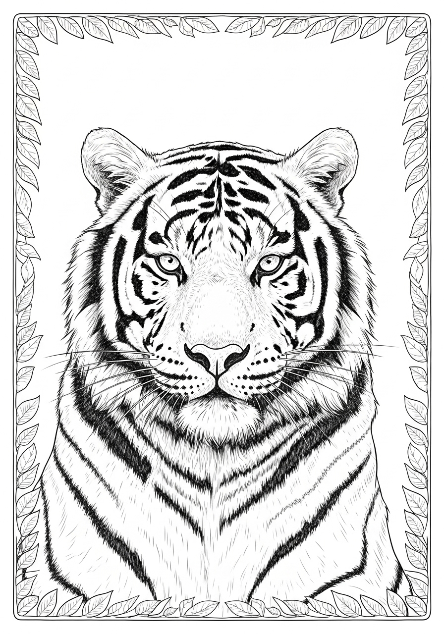 Desenho de Tigre realista com moldura de folhas para colorir