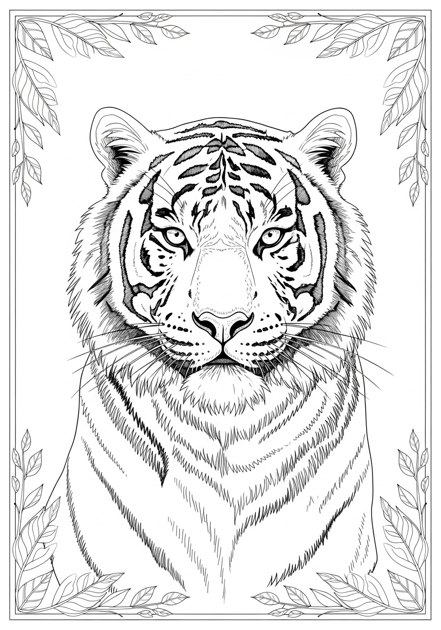 Desenho de Tigre realista com folhas para colorir