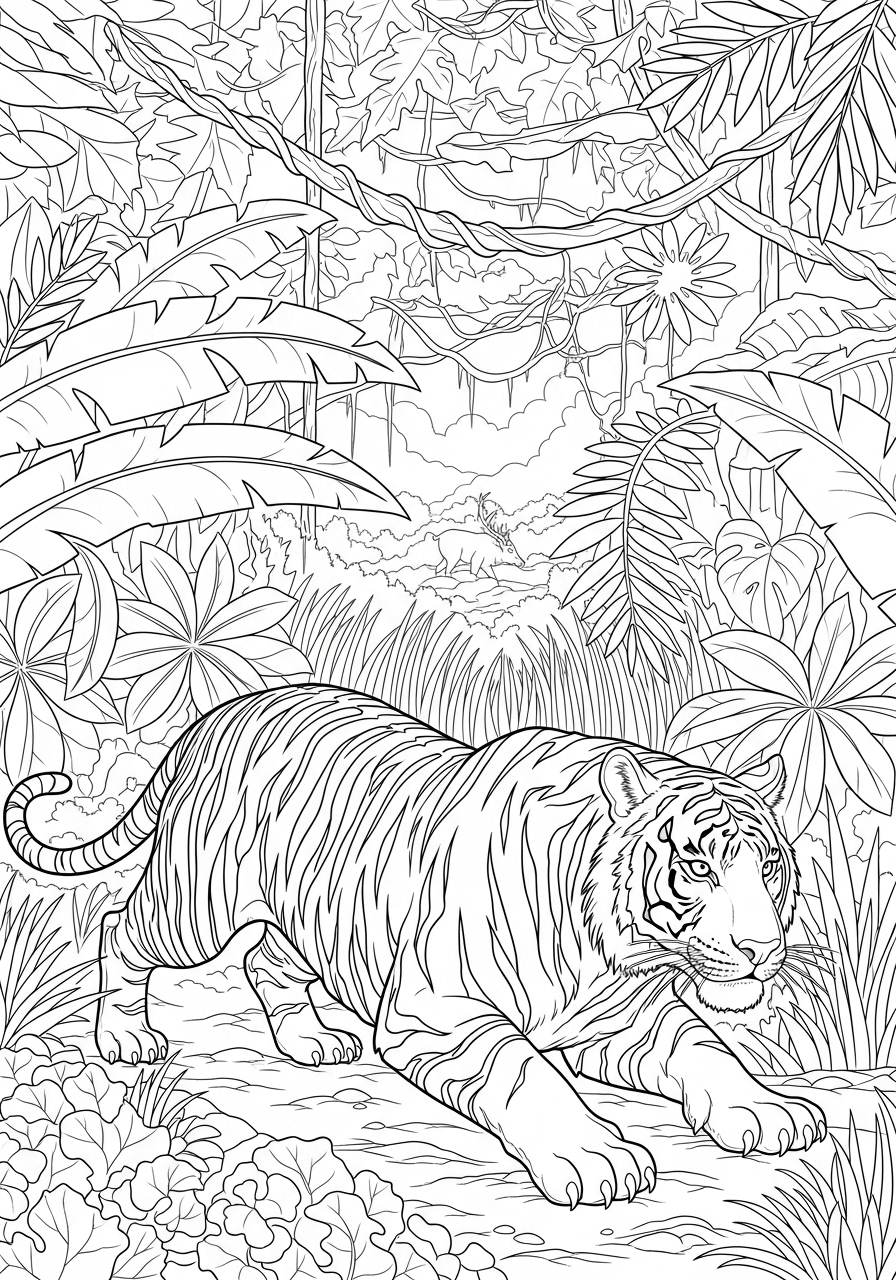 Desenho de Tigre na selva para colorir