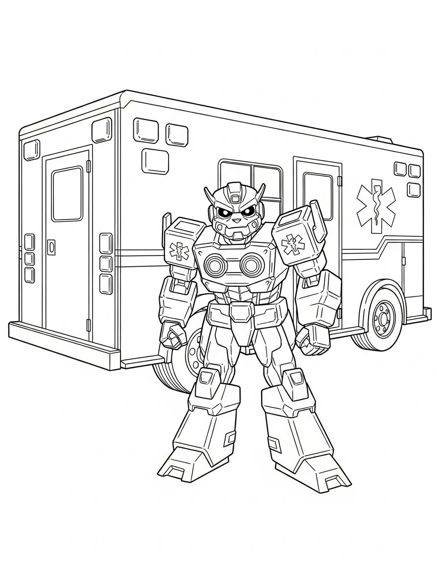 Desenho dos Transformers com personagem e ambulância para colorir