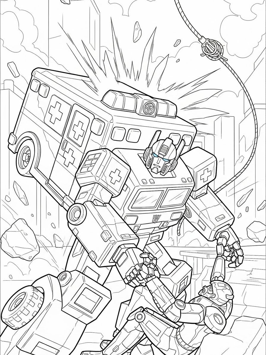 Desenho dos Transformers com o ratchet e um humano para colorir