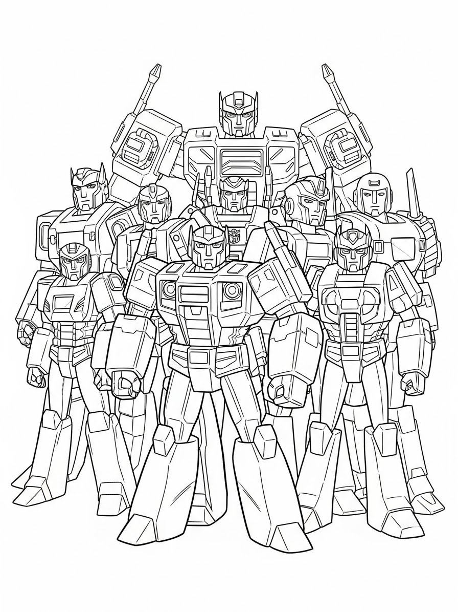 Desenho dos Transformers com vários personagens para colorir