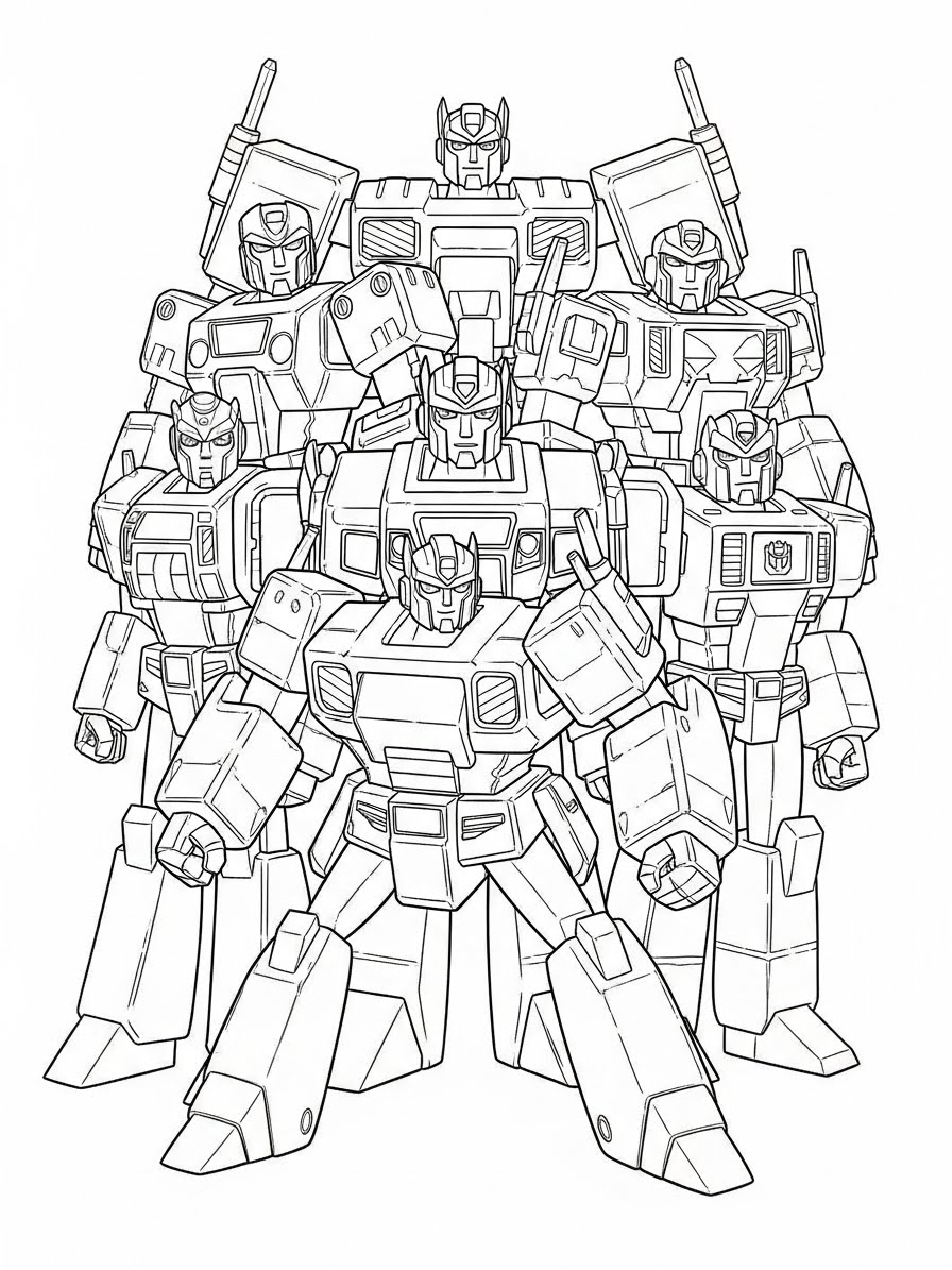 Desenho dos Transformers com vários robôs para colorir