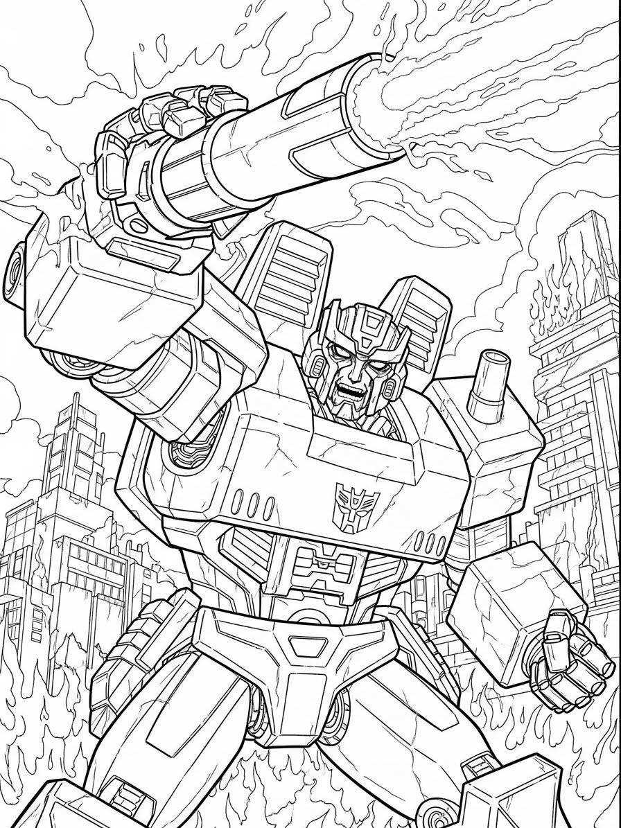 Desenho dos Transformers com um robô em ação para colorir