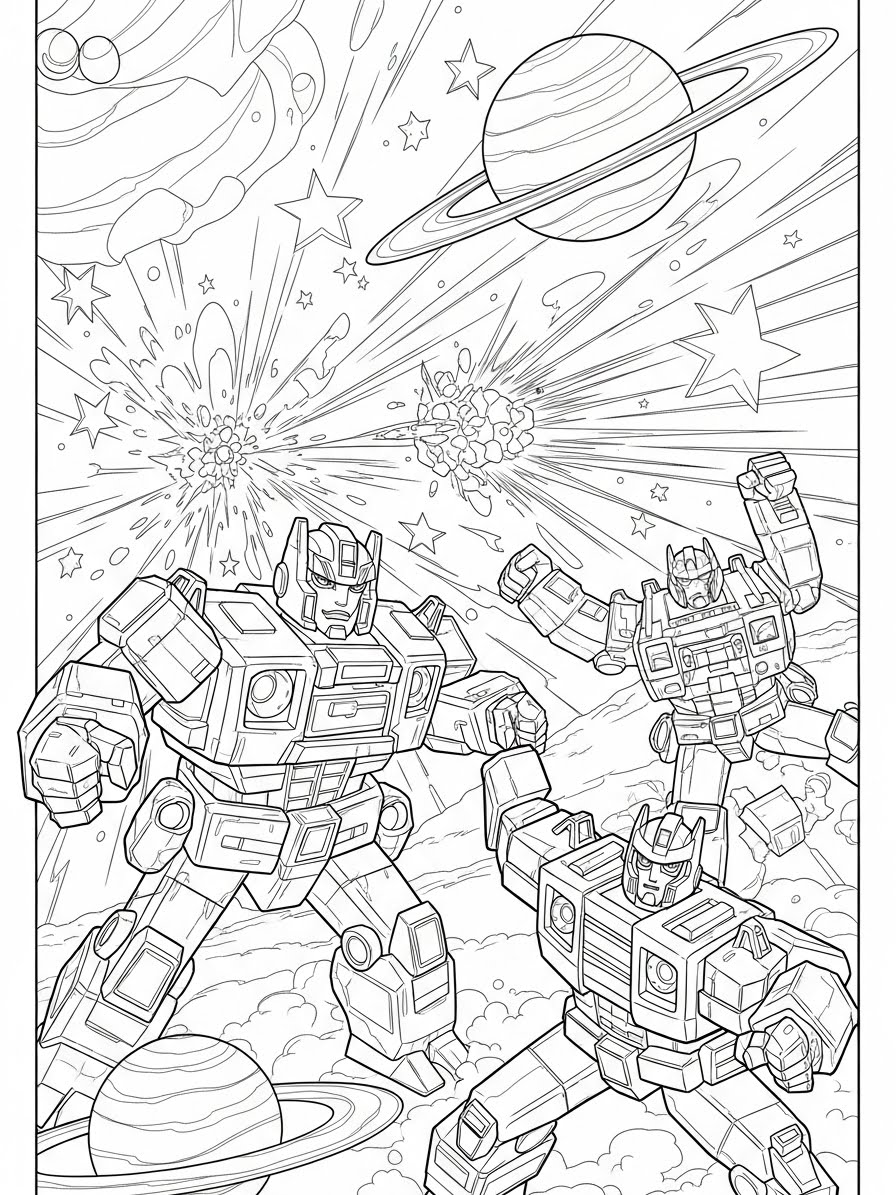 Desenho dos Transformers lutando em um cenário cósmico