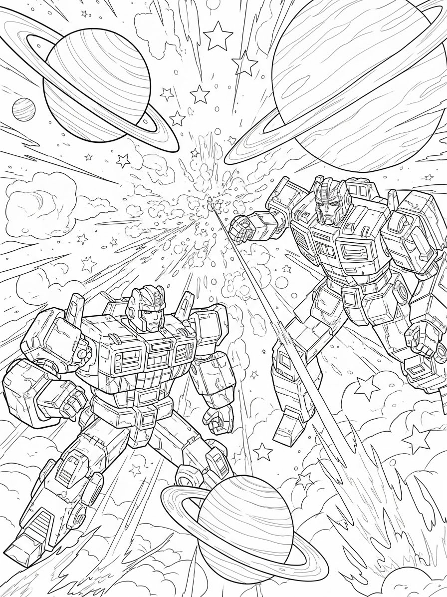 Desenho dos Transformers em batalha no espaço para colorir