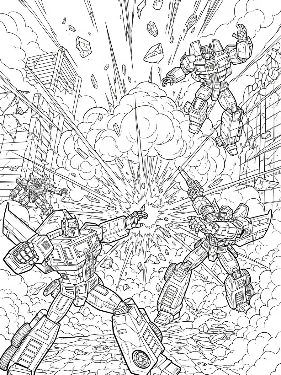 Desenho dos Transformers lutando em uma batalha para colorir