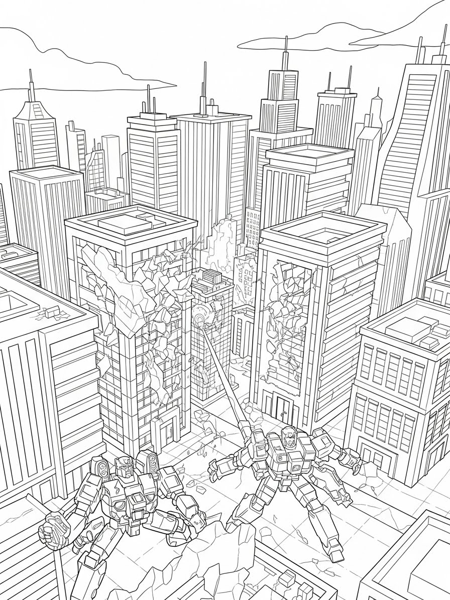 Desenho dos Transformers em batalha em uma cidade para colorir