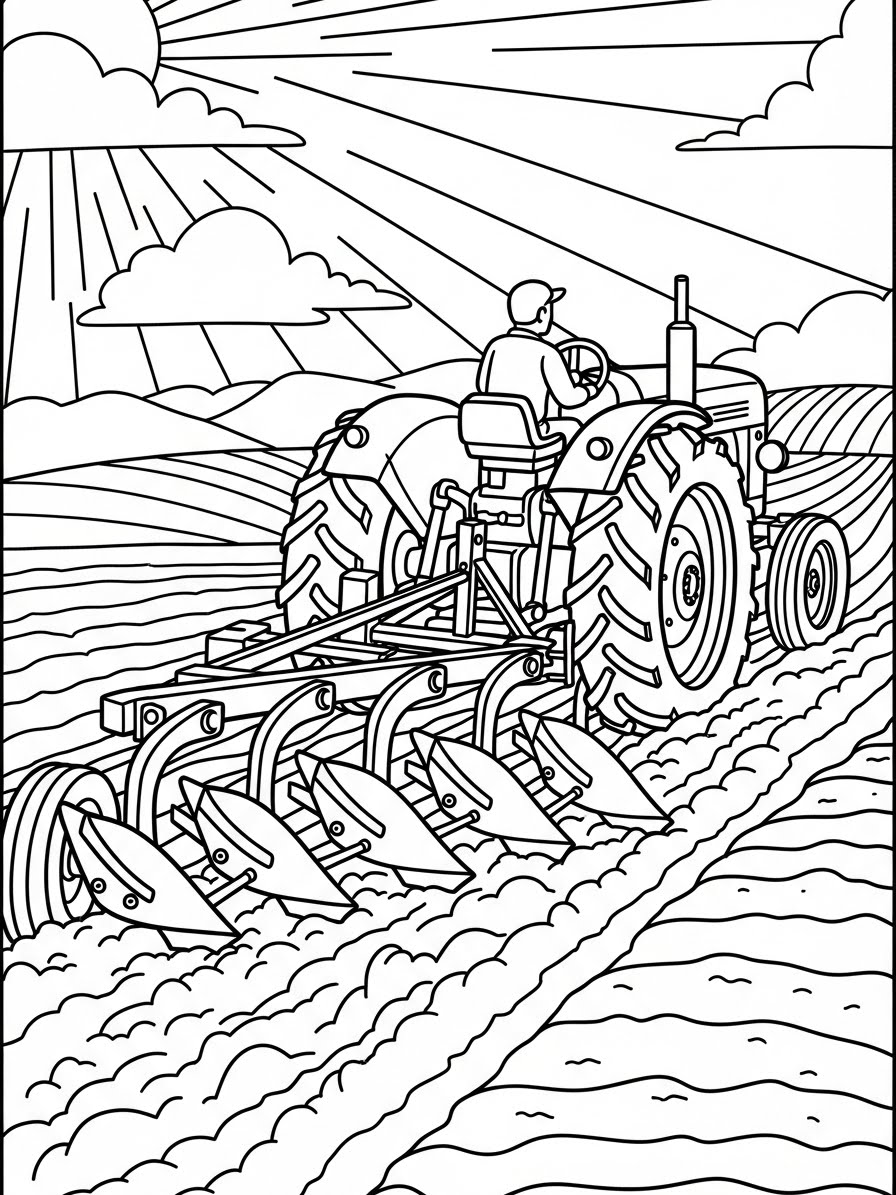 Desenho de Trator na lavoura para colorir