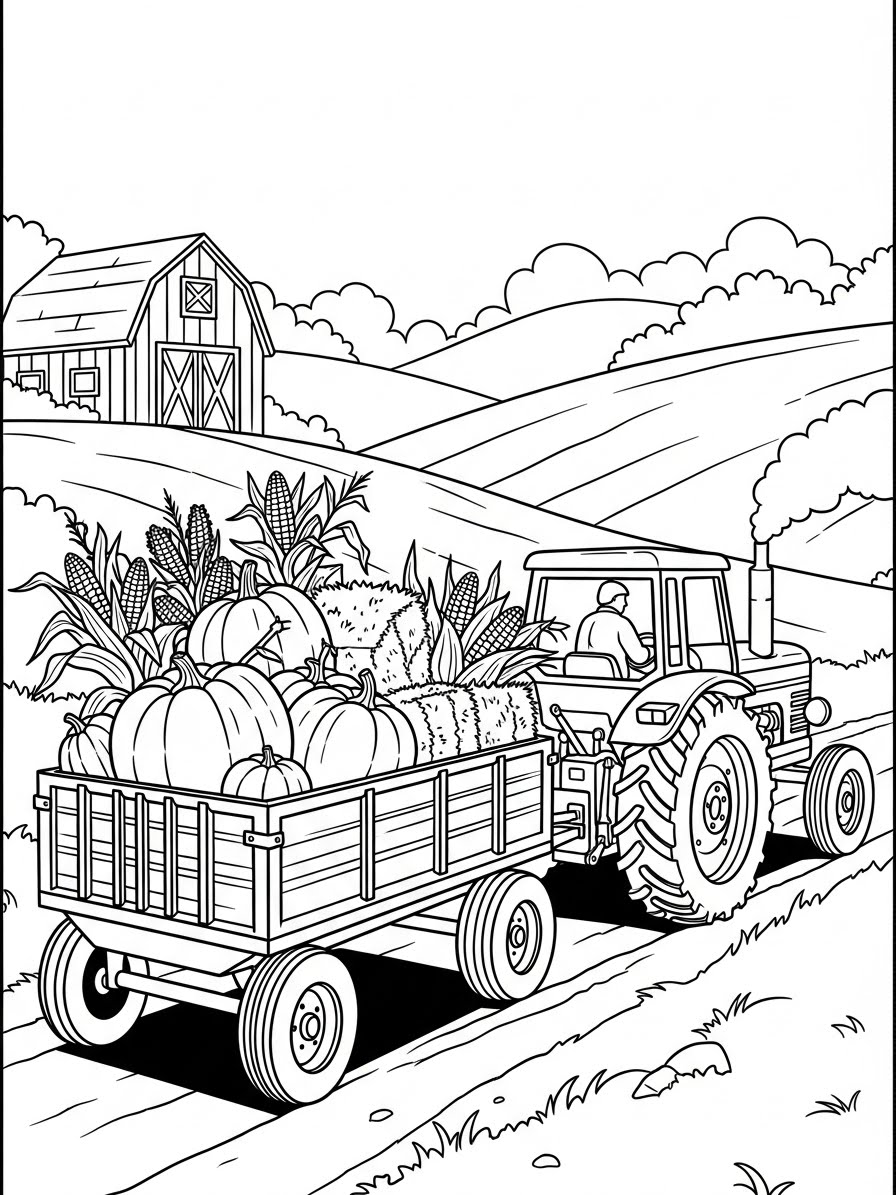 Desenho de Trator com carga de abóboras para colorir