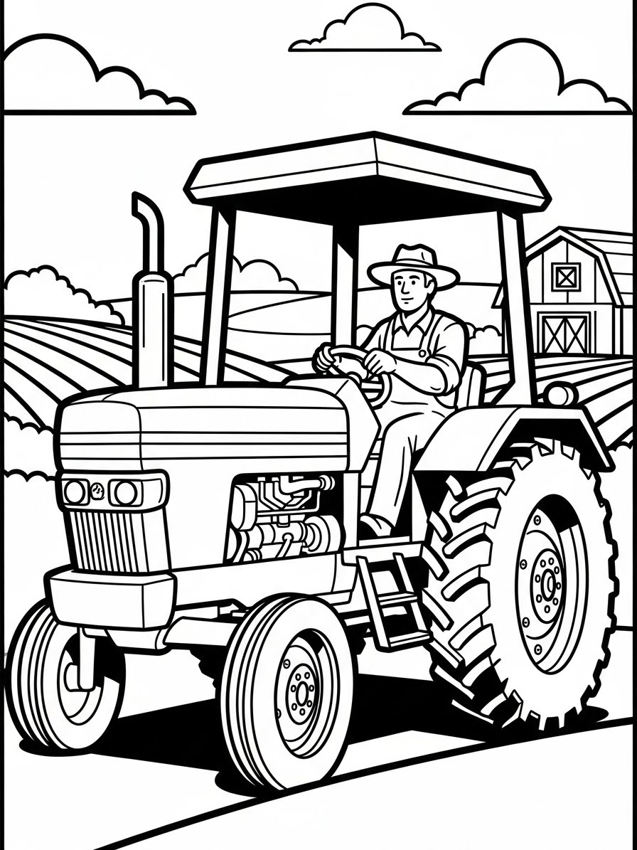 Desenho de Trator com motorista na fazenda para colorir