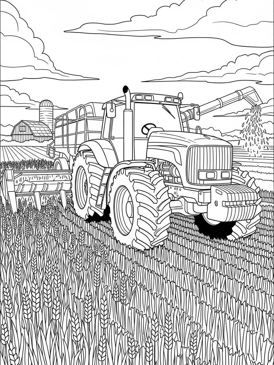 Desenho de Trator moderno em campo para colorir