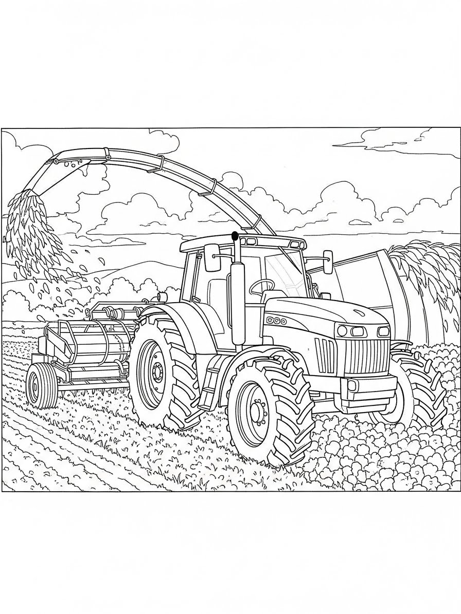 Desenho de Trator colhendo na fazenda para colorir