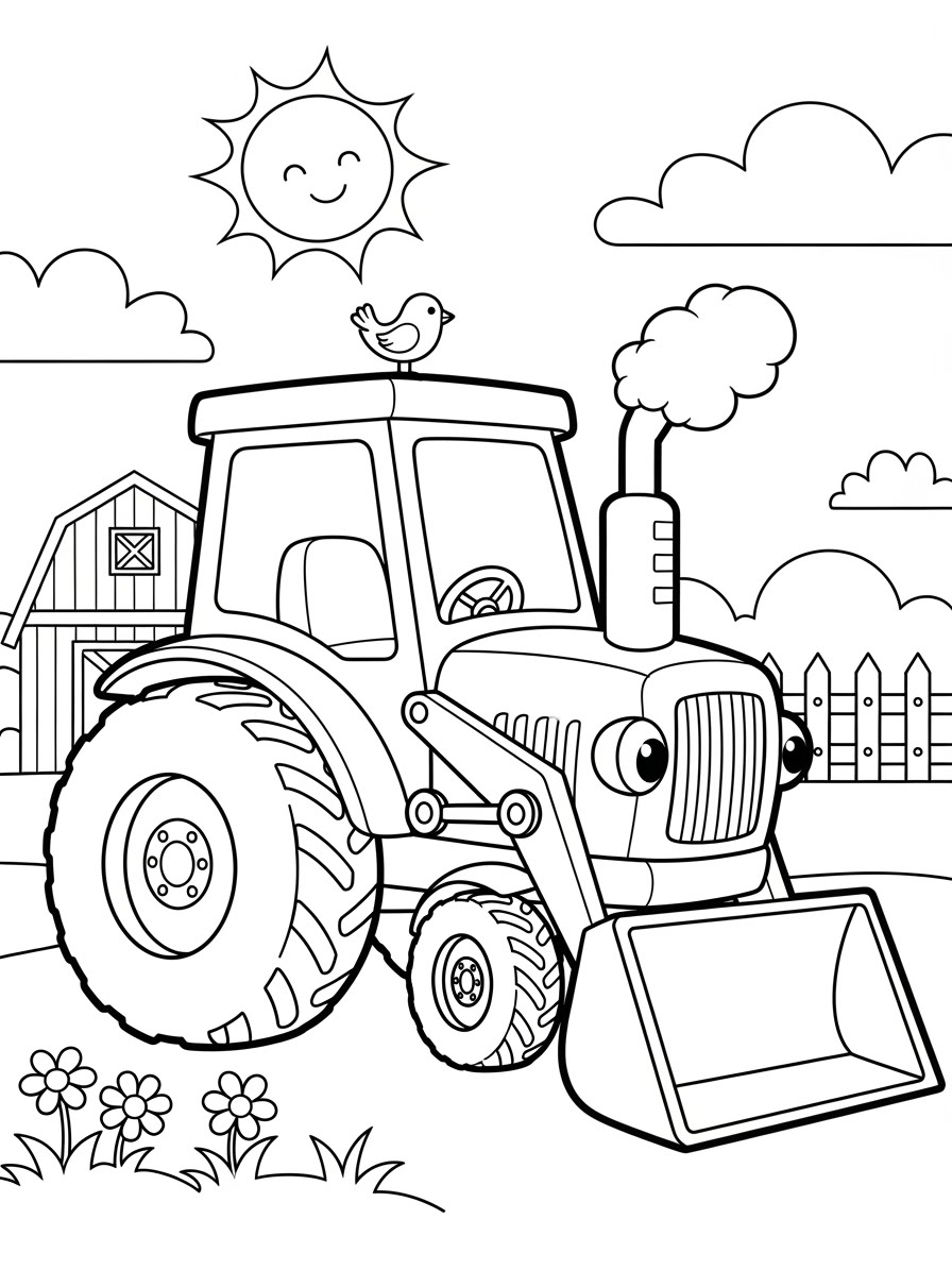 Desenho de Trator simples com céu e sol para colorir