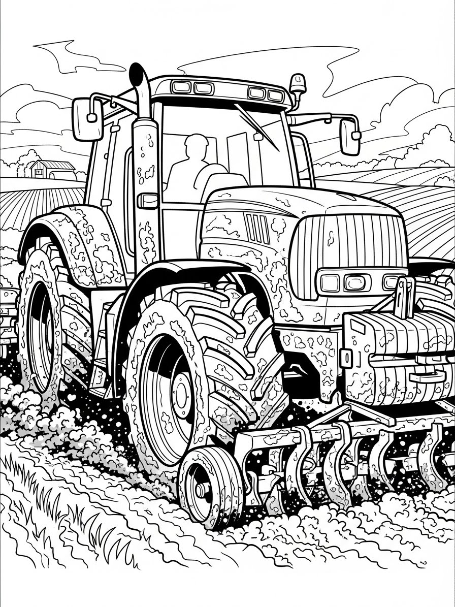 Desenho de Trator arado no campo para colorir