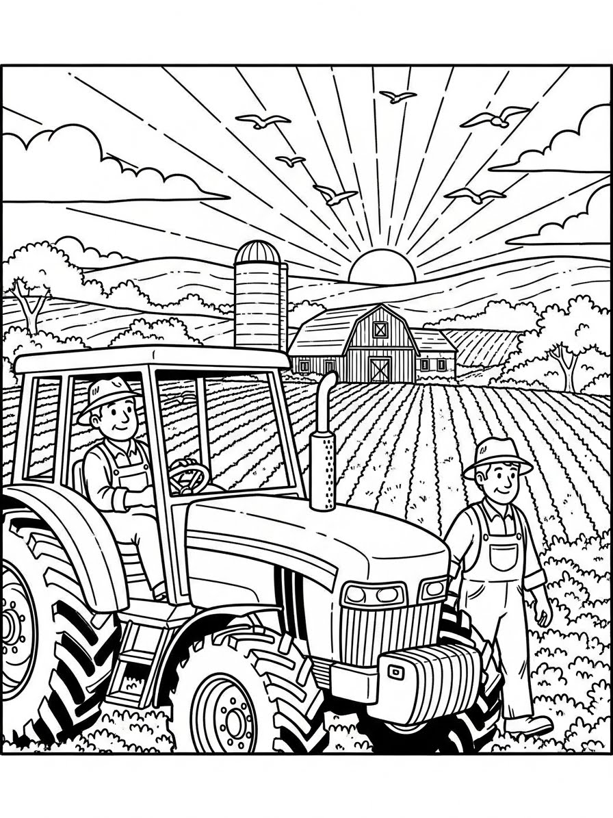 Desenho de Trator no campo com fazendeiro para colorir