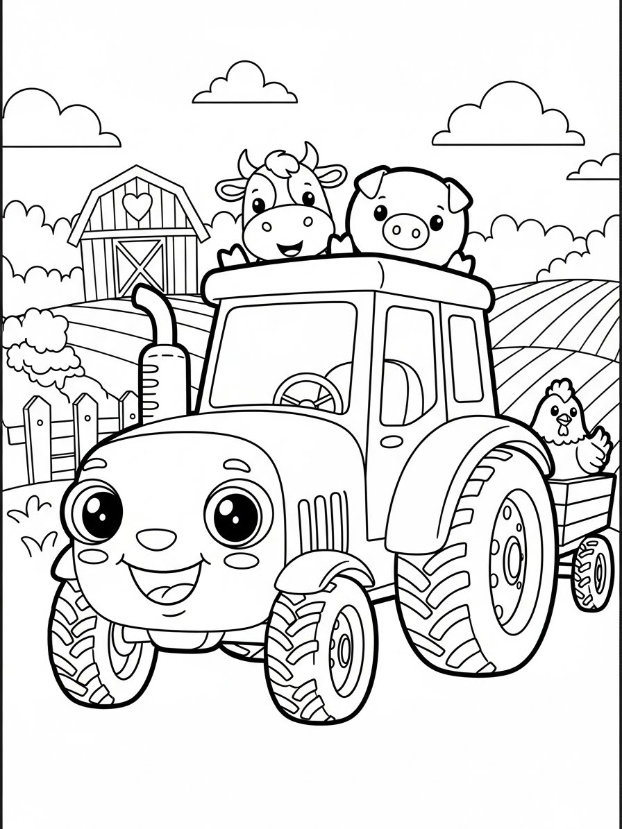 Desenho de Trator fofo com animais na fazenda para colorir